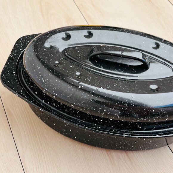 Vintage Black Speckled Oval Enamelware Roaster Pan & Lid  8" X 13" DISPLAY/PROP - Picture 12 of 16